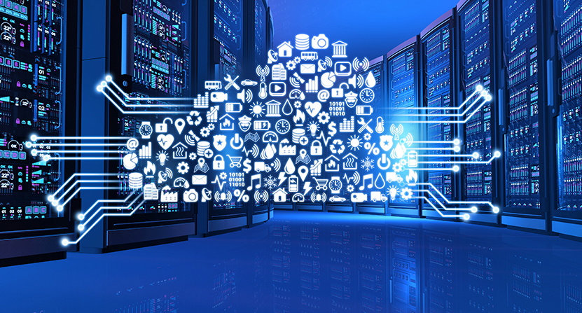 An Opus Interactive blog post image about edge computing, the image depicts a server room with a cloud made up of icons.