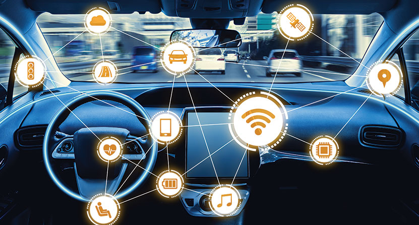 An Opus Interactive blog post image of a car dashboard with several car and tech related icons overlayed.