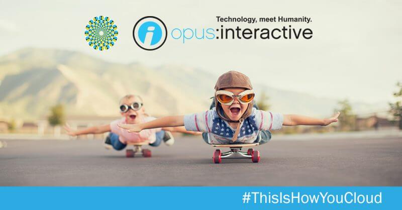An Opus Interactive blog post image of kids riding stomach-side down on a skateboard, both are wearing goggles, and one is wearing a pilot's hat. There is text that reads, "#ThisIsHowYouCloud".