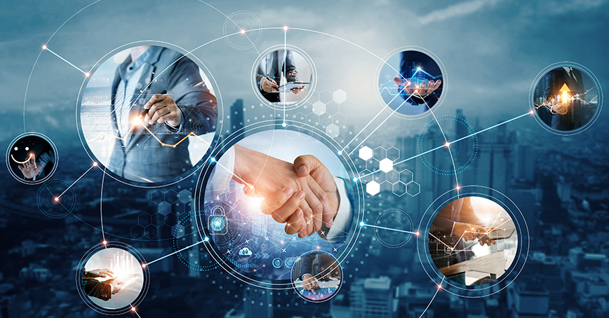 An Opus Interactive blog post image of a cityscape with several different images of connectivity and networking overlayed on top.