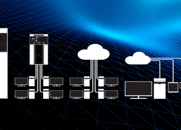 An Opus Interactive graphic of cloud and servers on a black and blue background.