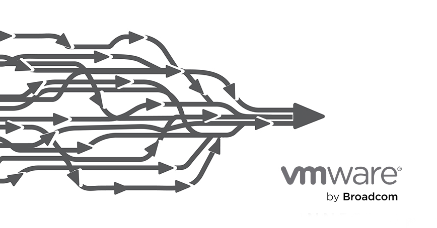 Graphic showing many paths converged into one with VMware by Broadcom logo.