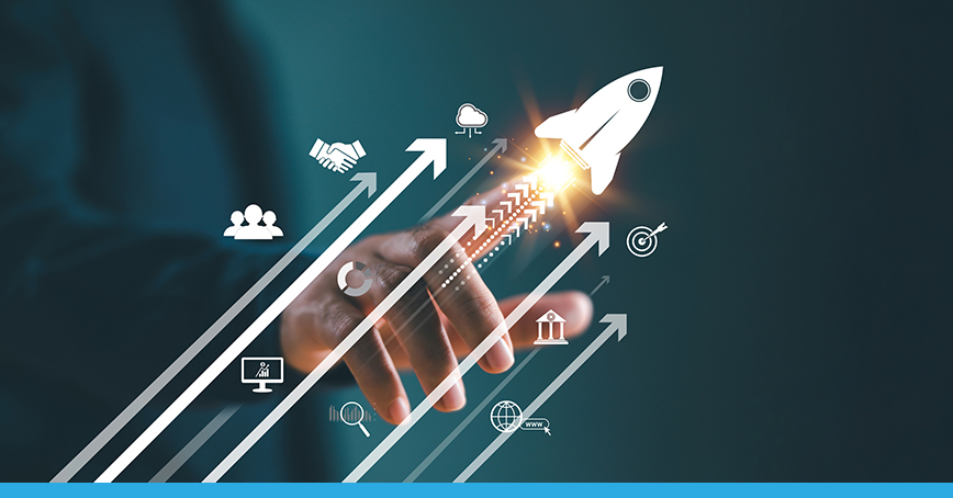 Image of rocket and a person's hand, analytics, cloud, monitoring icons portraying full enterprise potential.