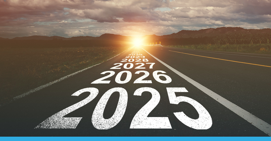 An Opus Interactive blog image that shows a road that runs into an uncertain horizon, on the road there is paint that reads, "2025, 2026, 2027..." etc.