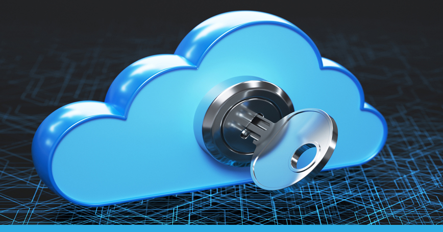 An Opus Interactive blog post image of a blue cloud in a black room, there is a lock and key on the cloud.