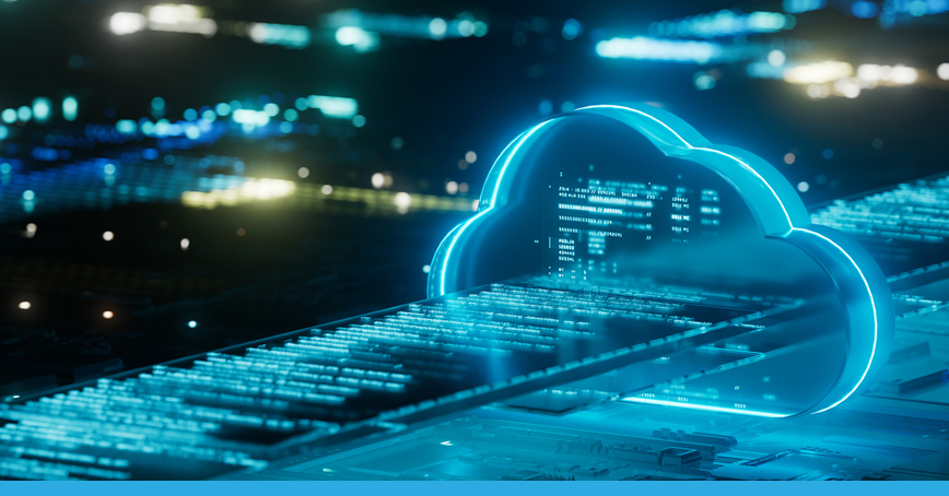 A blog post image that depicts a blue glowing cloud processing lines of code in a blurry black background.