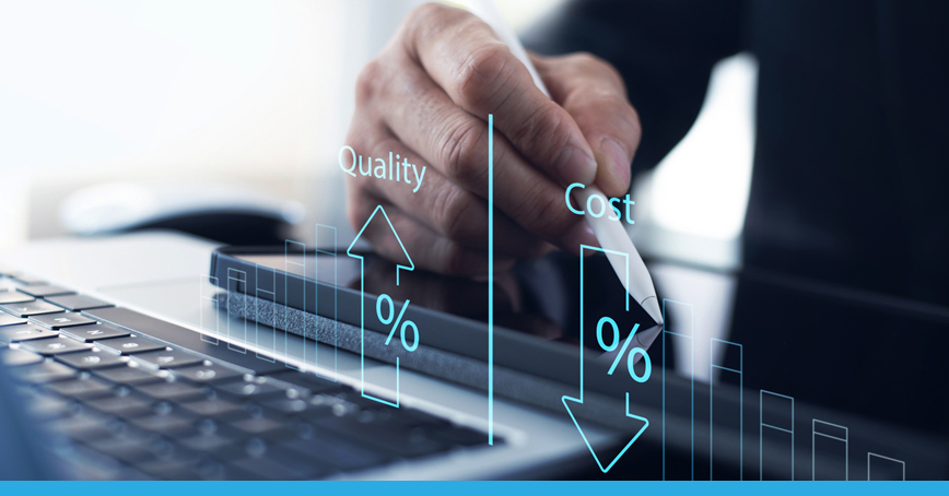 A blog post image that depicts a close-up shot of a man writing on an iPad with an apple pencil, there is an overlay comparing the analytics of Quality and Cost.