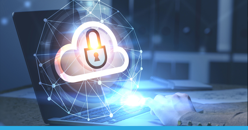 A blog post image depicting a close-up shot of a woman at her laptop with a cloud symbol overlayed on top.