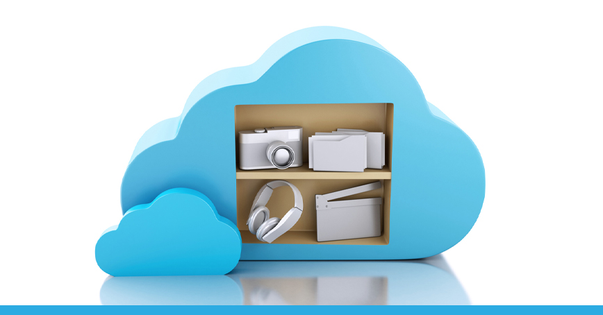 A Blog post image featuring a blue cloud with a compartment inside it which contains a camera, headphones, a folder, and a movie icon. This is meant to signify object storage.