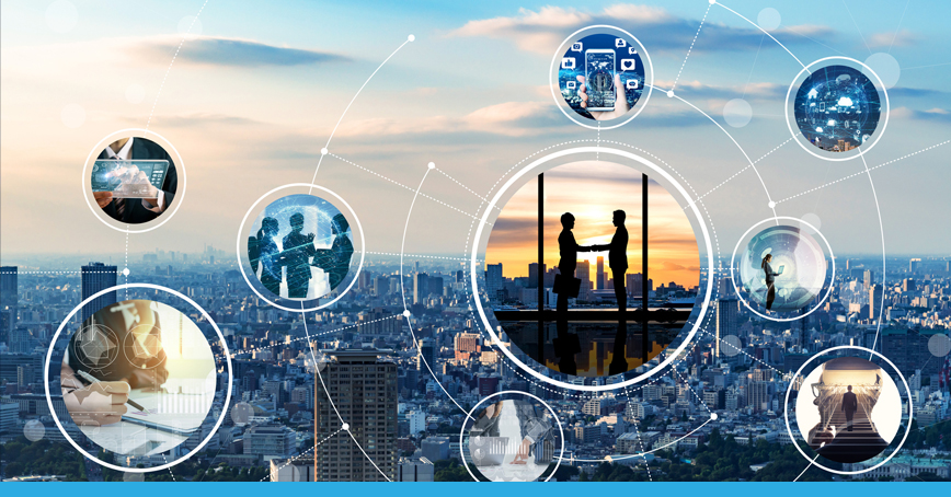 A Blog post image featuring a cityscape with images edited over it is featuring the aspects of a business deal, such as networking and social media work.