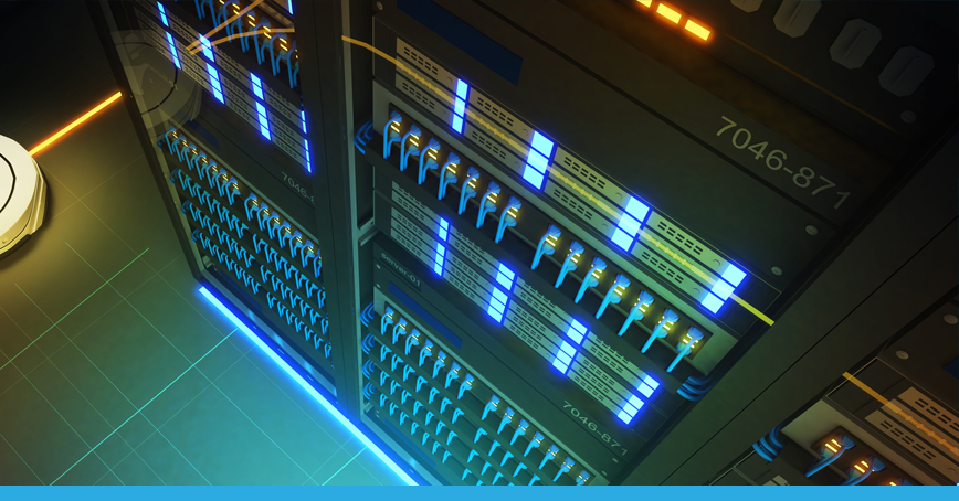 A blog post image depicting a birds-eye view of server rack, illuminating the room with light blue status-lights.