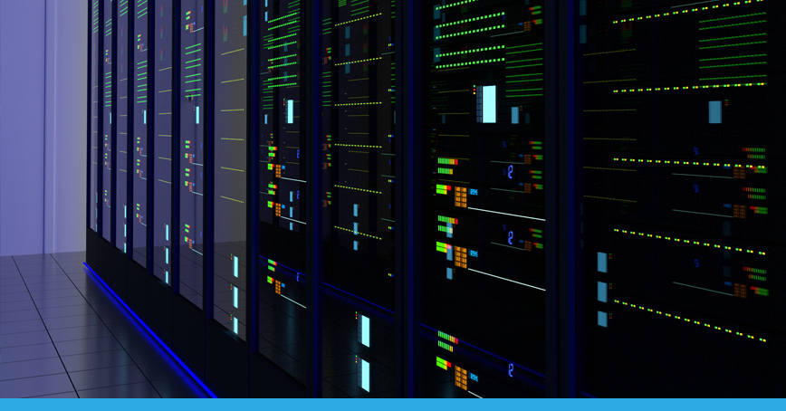 A blog post image depicting a server room in a data center, dimly lit with only the green status lights coloring the image.